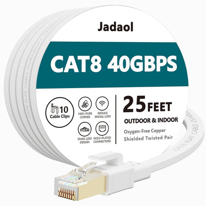 Cat 8 Ethernet Cable 25 Ft, 40Gbps 2000Mhz Flat RJ45 S/FTP LAN Patch Cable, High-Speed Cat8 Network Cable for Router, Modem, Switch, Gaming Consoles, PC, Home Network & Streaming Devices, White