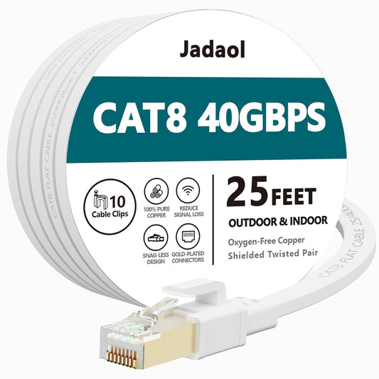 Cat 8 Ethernet Cable 25 Ft, 40Gbps 2000Mhz Flat RJ45 S/FTP LAN Patch Cable, High-Speed Cat8 Network Cable for Router, Modem, Switch, Gaming Consoles, PC, Home Network & Streaming Devices, White
